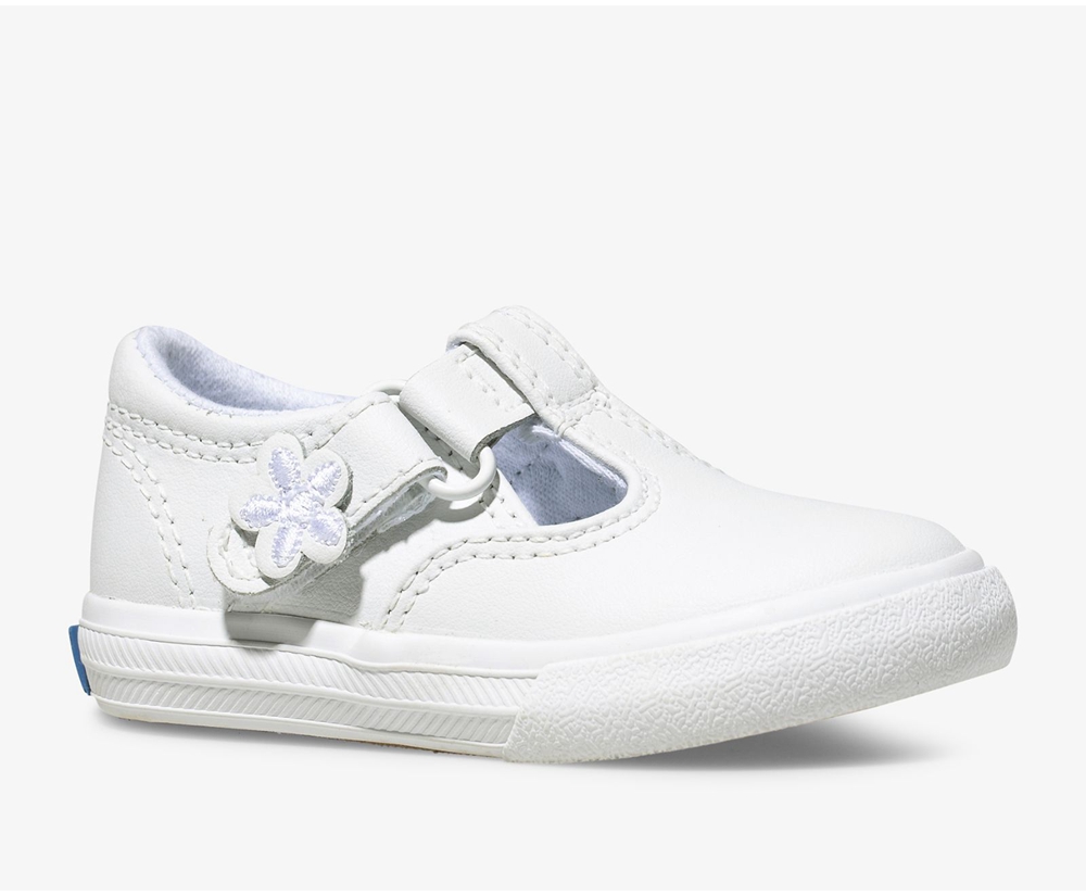 Keds Kids Slip Ons White - Daphne T-Strap Leather - 695UVFHYB